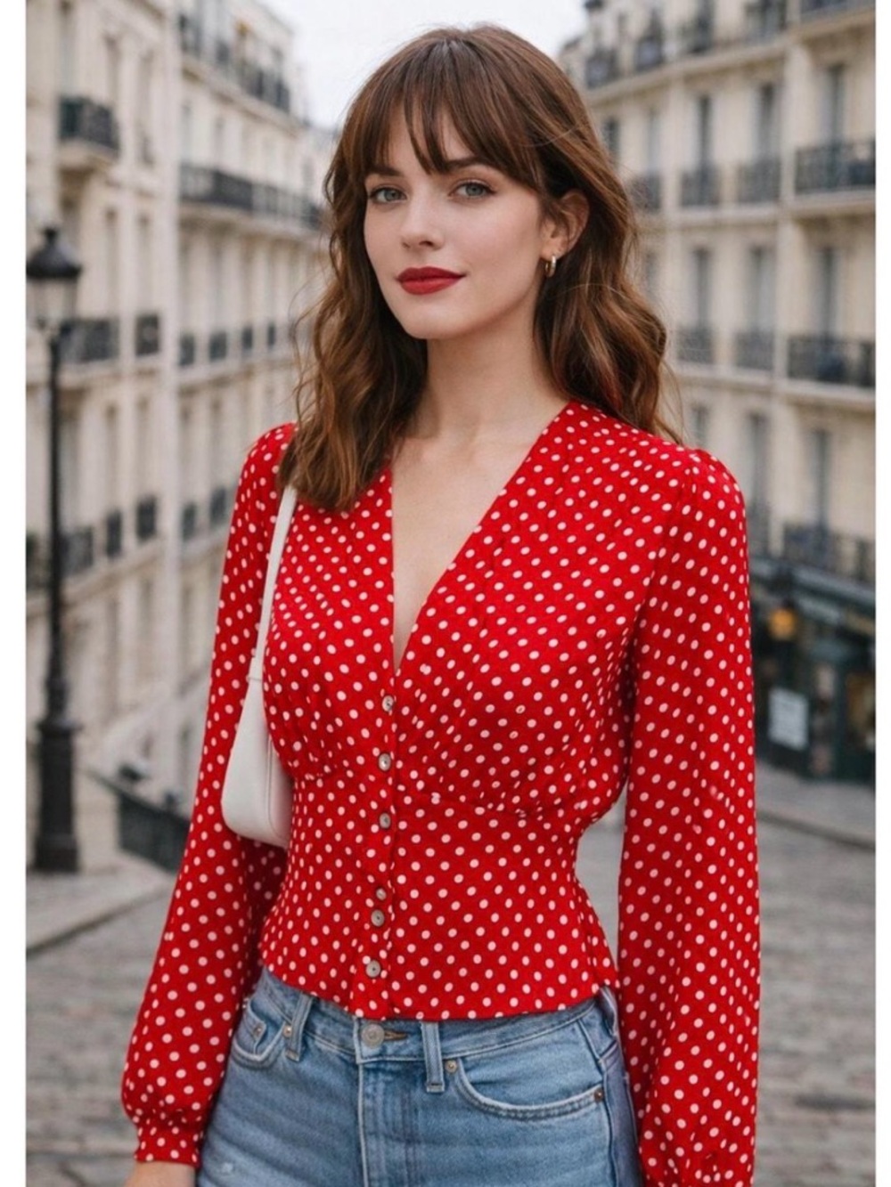 Free People Red Polka Dot V-Neck Button Front Blouse